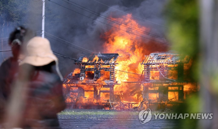 (강릉=연합뉴스) 유형재 기자 = 11일 오전 강원 강릉시 난곡동의 한 야산에서 난 불이 주택 인근으로 번지자 주민들이 화재 현장을 바라보고 있다. 2023.4.11 yoo21@yna.co.kr 연합뉴스