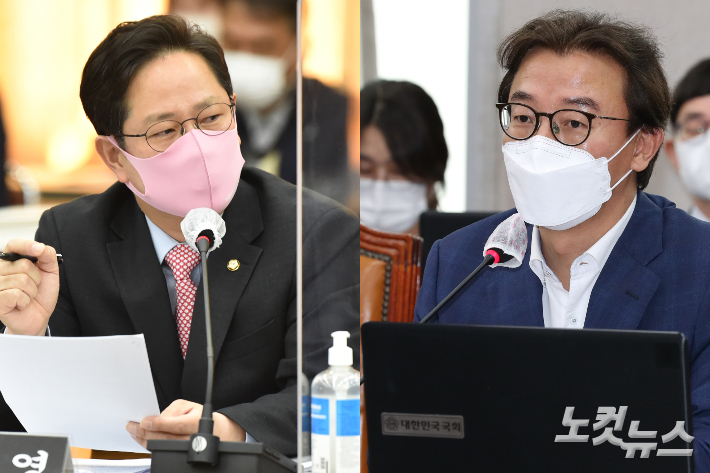 국민의힘 박수영(부산 남구갑.사진 왼쪽) 의원이 11일 자신의 페이스북에서 최근 산업은행 이전 논란과 관련해 민주당 부산의원들은 뭘하고 있냐고 지적하자, 전재수(부산 북강서갑) 의원이 "도발할 시간에 당론부터 만드는데 힘써라"고 응수했다. 윤창원 기자