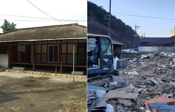 업체의 실수로 철거된 주택의 모습(우)과 철거 전(좌)의 모습. 온라인 커뮤니티 캡처