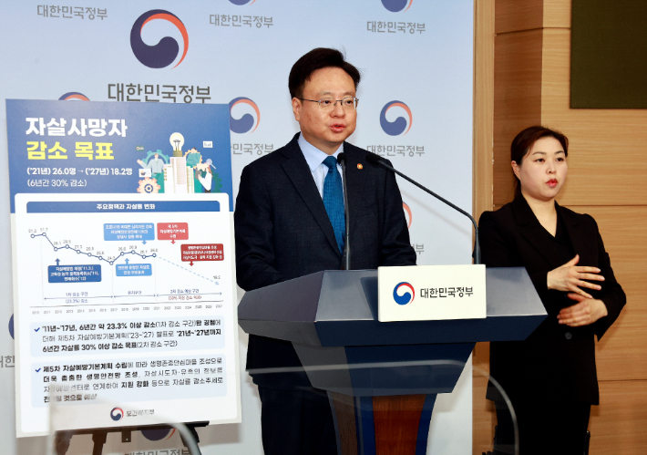 조규홍 보건복지부 장관이 14일 오후 정부서울청사에서 제5차 자살예방 기본계획(2023~2027)을 발표하고 있다. 복지부 제공