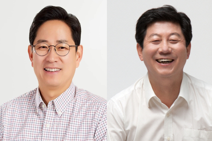 국민의힘 박수영 의원(사진 왼쪽)의 지역구 부산 남구갑과 더불어민주당 박재호 의원(사진 오른쪽)의 지역구 납구갑을이 내년 총선에서 합구가 되면, 부산은 현행 지역구 18석에서 17석으로 줄어들 것이라는 전망이 나오고 있다. 각 의원실 제공