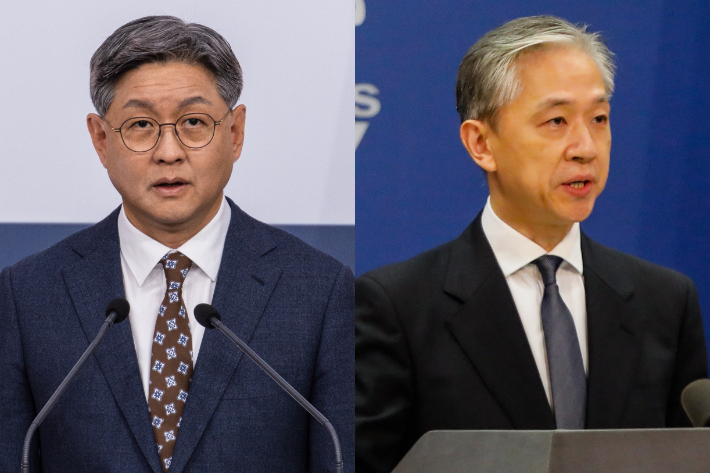 왼쪽부터 임수석 외교부 대변인과 왕원빈 중국 외교부 대변인. 연합뉴스 