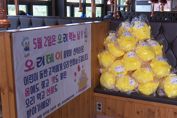 한국오리협회 경기지회는 5월 가정의달을 맞이해 포천의 오리전문점에 방문하면 어린이 동반 고객들에게 오리인형을 무료로 선물하고 있다. 노컷TV 영상캡처