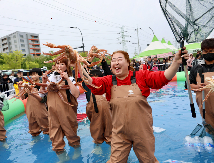 2023 동해항 크랩킹 페스타를 방문한 관광객들이 크랩뜰채낚시체험과 크랩맨손잡기 체험 등을 즐기고 있다. 동해시 제공 