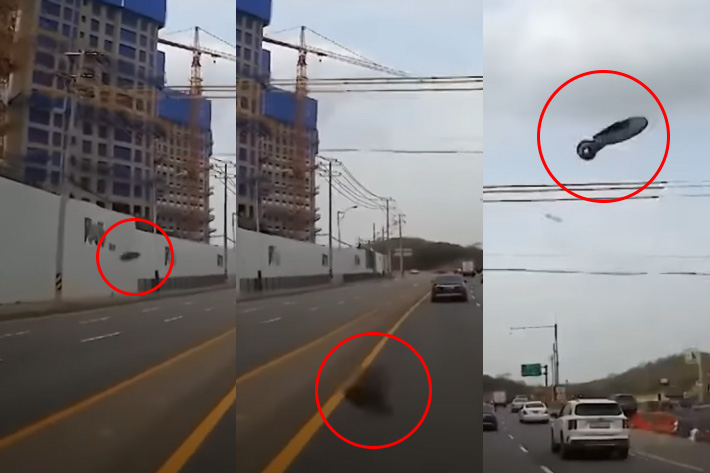 왼쪽부터 철제고리가 차량으로 날아드는 모습. 유튜브 채널 '한문철 TV' 캡처