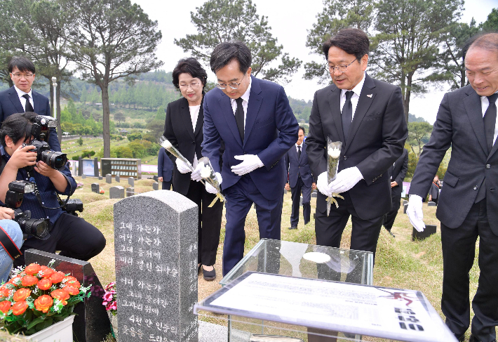 강기정 광주광역시장과 김동연 경기도지사가 12일 오전 북구 망월동 민족민주열사묘역을 찾아 고 이한열 열사 묘소에 헌화하고 있다. 광주광역시 제공