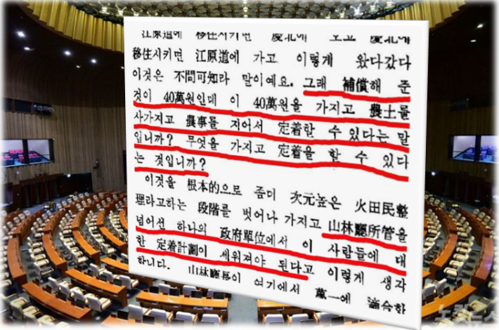 1976년 11월 당시 국회 내무위원회 장동식 의원이 정부 차원의 화전민 정착 계획 수립을 촉구했다. 국회속기록