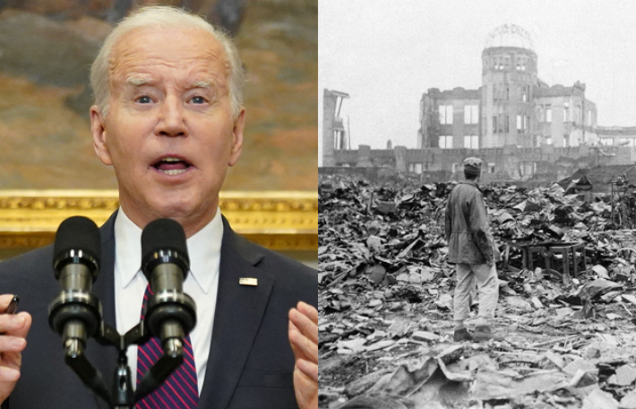 조 바이든 미국 대통령·1945년 8월 6일 원자폭탄이 투하된 히로시마의 폐허에 그해 9월 8일 한 연합군 종군기자가 서 있는 모습. 연합뉴스 
