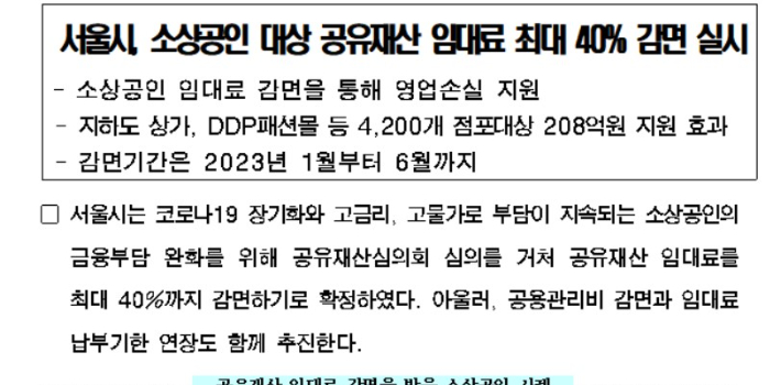 지난 3월 서울시가 공유재산 임대료 감면과 납부유예 등을 연장하겠다고 발표한 보도자료.  