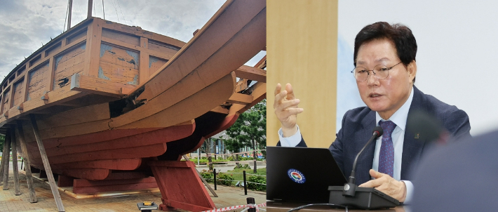 거제 거북선과 박완수 경남지사. 거제시·경남도청 제공
