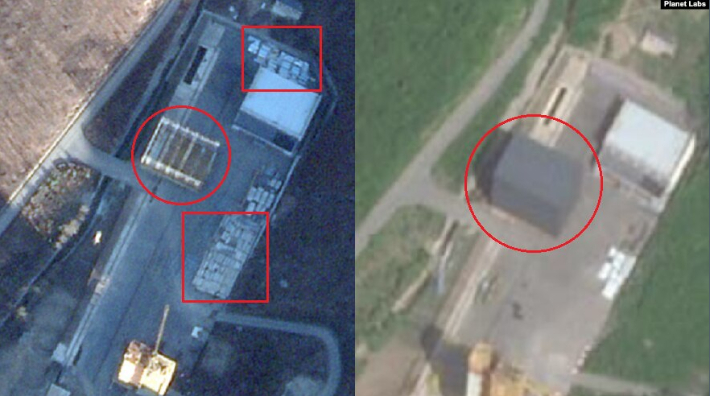 서해위성발사장의 지난해 11월(왼쪽)과 올해 5월 16일(오른쪽) 모습. 뼈대만 있던 이동식 조립건물(원 안)이 5월 16일 자 위성사진에선 완성돼 있고, 주변의 자재(사각형 안)도 사라진 것으로 나타난다. VOA 홈페이지 캡처