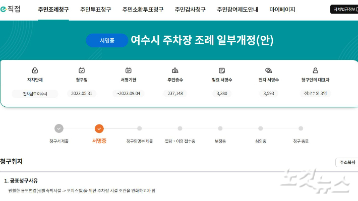 여수시 주차장 조례 일부개정(안) 주민조례청구 홈페이지 캡쳐 화면.