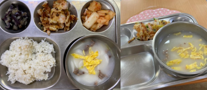 (왼쪽) 지난 4월 19일 키즈노트 알림장에 올라온 사진. (오른쪽) 밥 없이 배식된 교사 급식판. 독자 제공