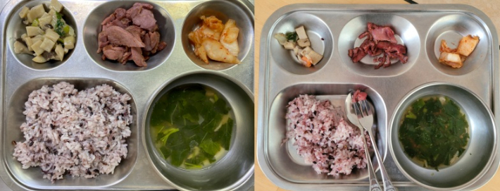 (왼쪽) 키즈노트에 올라온 급식 사진 (오른쪽) 실제 배식. 독자 제공
