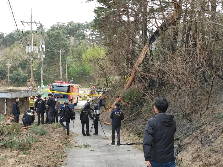 지난 4월 11일 강릉에서 발생한 산불 원인을 조사하고 있는 모습. 산림청 제공