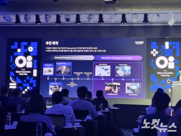 현대차그룹은 15일 '현대차그룹 오픈이노베이션 테크데이' 행사를 열고, 스타트업과의 상생 전략·협업 체계 등을 발표했다. 윤준호 기자