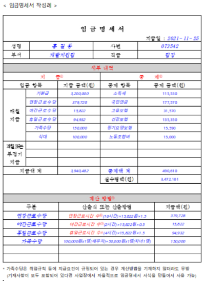 임금명세서 작성 예. 고용노동부 제공