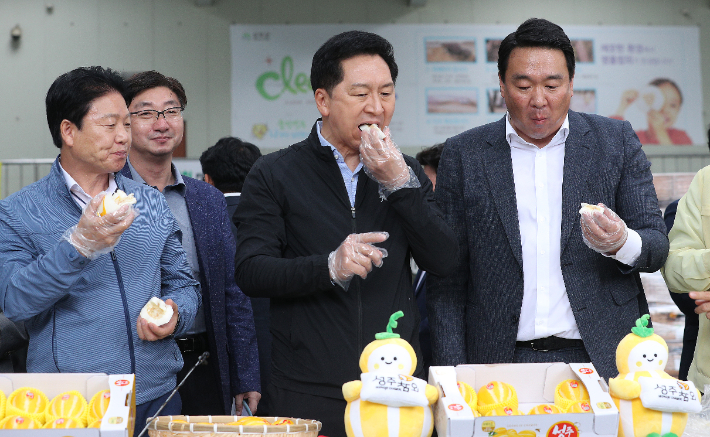 성주 참외 맛보는 김기현 대표. 연합뉴스