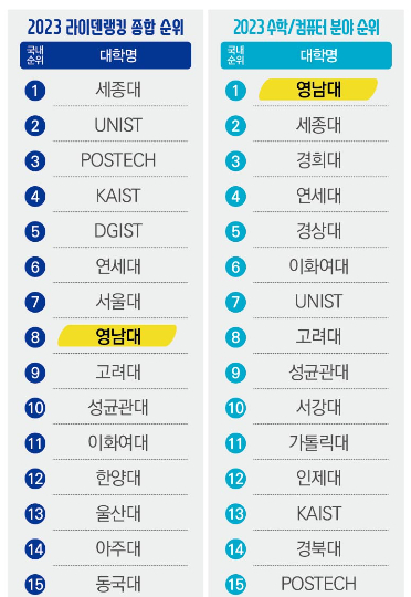 2023 라이덴랭킹 국내 대학 순위. 영남대 제공