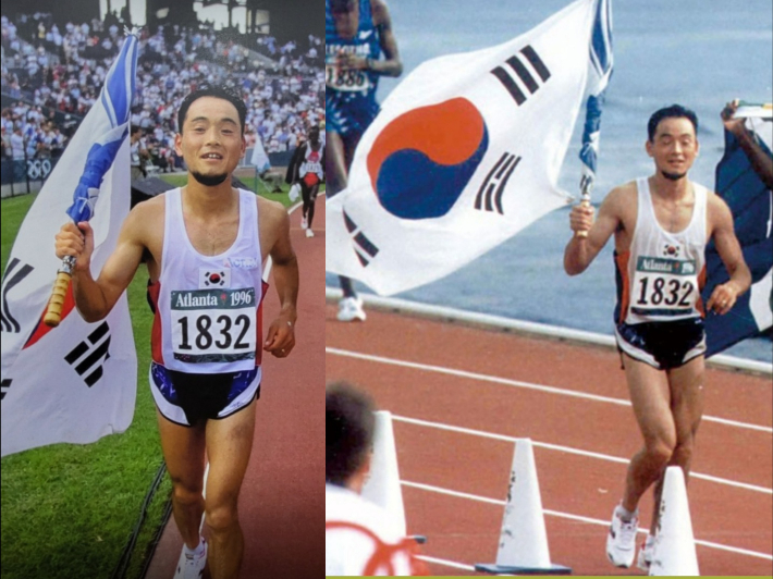 1996년 아틀랜타 올림픽 육상 마라톤 종목에서 은메달을 딴 이봉주 선수가 태극기를 들고 트랙을 도는 세레머니를 하고있다. 이봉주 제공
