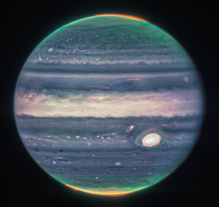 제임스 웹이 관측한 목성의 모습. NASA, ESA, CSA, Jupiter ERS Team; image processing by Judy Schmidt.