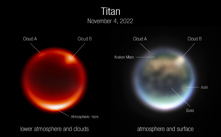 제임스 웹이 근적외선 카메라로 토성의 위성 타이탄을 관측한 이미지. NASA, ESA, CSA, Webb Titan GTO Team