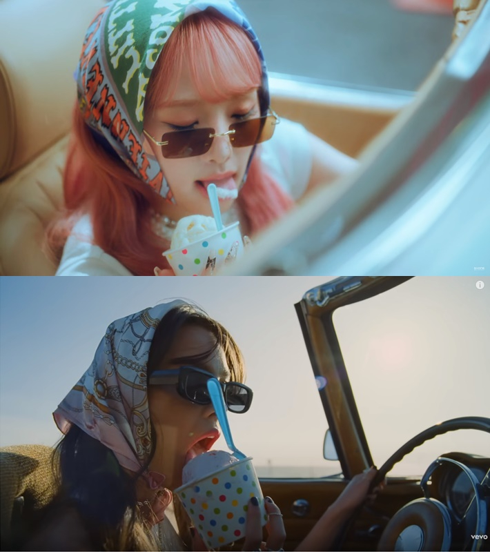 위는 최예나의 '헤이트 로드리고' 뮤직비디오, 아래는 올리비아 로드리고의 '데자부' 뮤직비디오 캡처