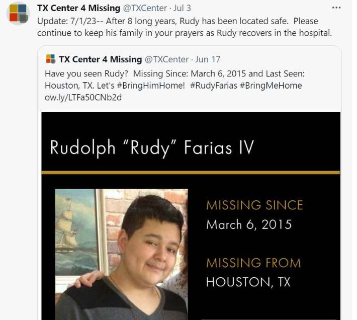 2015년 실종됐다 8년만에 발견된 미 텍사스주 남성. 텍사스 실종센터(TX Center 4 Missing) 트위터 캡처
