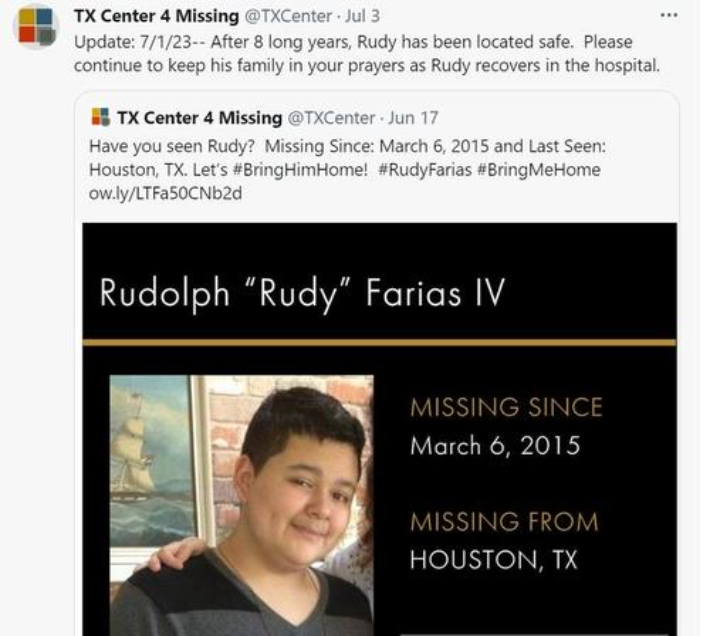 2015년 이후 8년간 실종 신고 상태였던 미 텍사스주 남성. 텍사스 실종센터(TX Center 4 Missing) 트위터 캡처