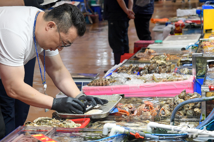 6일 서울 동작구 노량진수산시장에서 직원이 일본산 수산물에 대한 방사능 검사를 하고 있다. 박종민 기자
