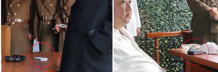 김정은 북한 국무위원장이 12일 신형 고체연료 대륙간탄도미사일(ICBM ) '화성-18형' 시험발사를 시찰한 현장에서 '폴더블 스마트폰'으로 추정되는 물체가 포착됐다(오른쪽 사진). 왼쪽 사진은 김 위원장이 지난 3월 9일 서부전선의 중요작전임무를 담당하고있는 화성포병부대의 화력습격훈련을 현지지도한 현장에서 포착된 흰색 일체형 스마트폰. 연합뉴스