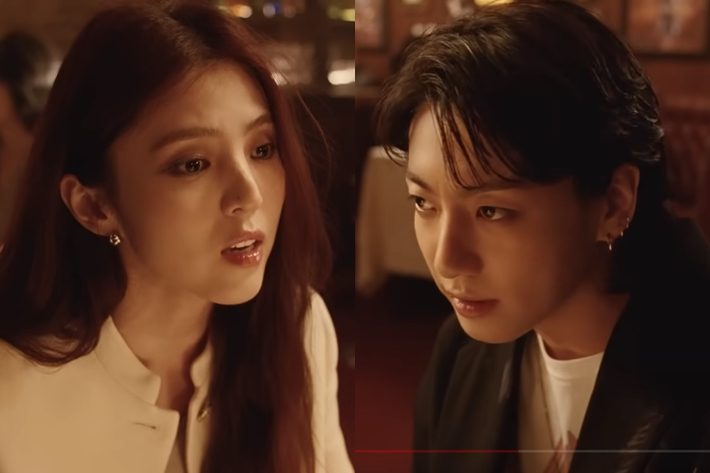 왼쪽부터 배우 한소희, 방탄소년단 정국. 정국 '세븐' 뮤직비디오 티저 캡처