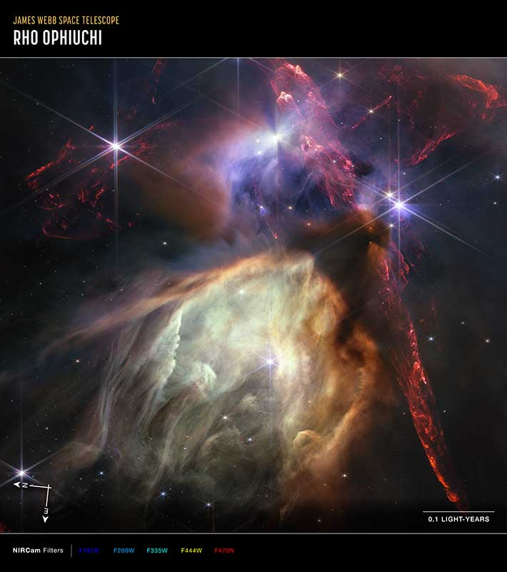 제임스 웹 1주년 기념으로 공개된 '로 오피우치' 구름 복합체. NASA, ESA, CSA, STScI, Klaus Pontoppidan (STScI)