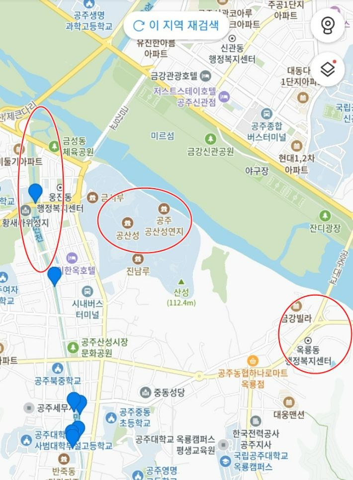 왼쪽 제민천 범람 이 후 오른쪽 공산성과 옥룡동 피해가 이어졌다. 카카오맵 갈무리