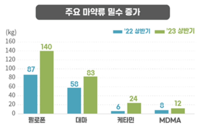 주요 마약류 밀수 적발량 증가 현황. 관세청 제공