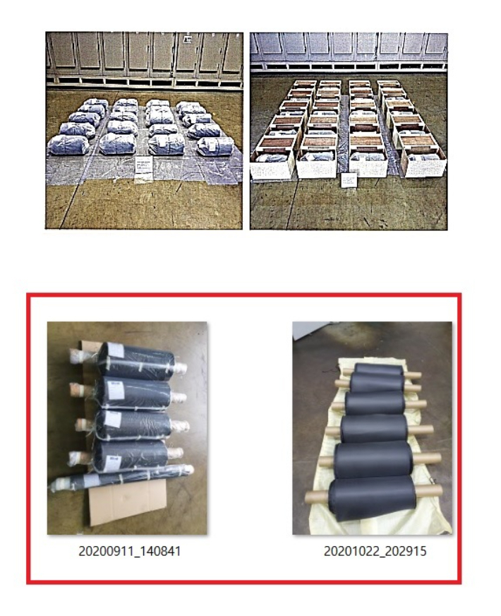 2019년 12월 D업체가 국방과학연구소에 보고 당시 벨라루스산 직물을 들여와 75cm짜리 나무사장에 넣어서 허위 보고했다고 폭로가 제기된 가운데 탄소 20롤, 나무상자 20박스, 총 중량 427.4kg 가량의 직물이 보고 및 납품됐다는 사진. (사진 위), 2020년 9월과 10월 D업체가 납품한 실제 자체 제작 직물, 폭 55cm가 대부분인 모습. 연구 목표는 폭 1m, 탄소함유율 99.5%를 모두 충족해야 한다. 보고 시점도 지났지만, 보고 시점 이후 만든 폭을 충족하지 못한 직물로 노즐을 만들어 연소 실험했다는 주장. (사진 아래, 붉은색 테두리). CBS노컷뉴스 단독 입수 사진.