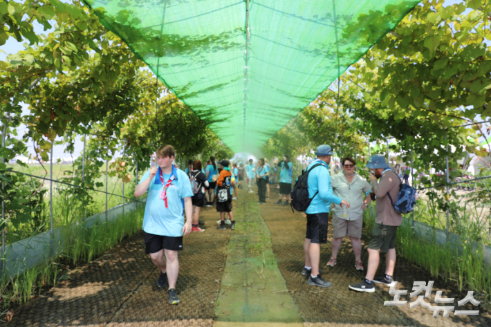 안개분사 덩굴터널에서 잠시 더위를 피하는 대원들. 송승민 기자