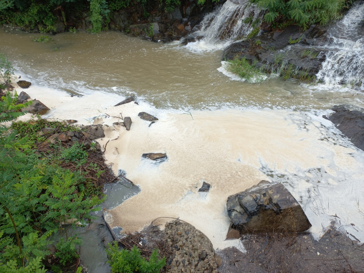 7월 11일 오후 5시쯤 피막지 하류에 폐수가 유입돼 두터운 거품층이 발생한 모습. 경주환경연 제공