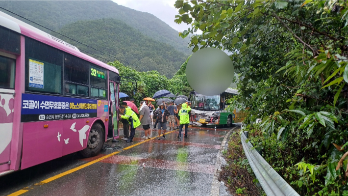 순천 시내버스와 잼버리 학생들이 탑승한 관광버스가 충돌한 지점. 순천소방서 제공