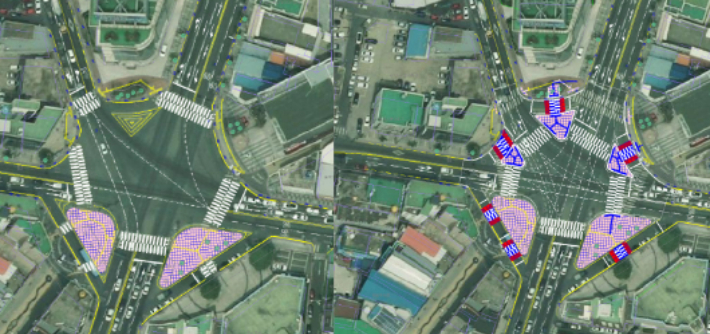 현재 육거리 모습(왼쪽)과 교통섬 설치후 육거리 모습(오른쪽). 포항시 제공