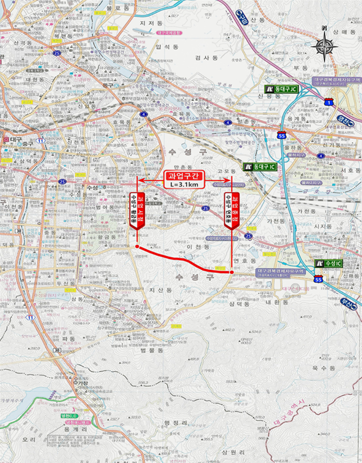 황금동~범안삼거리 도로개설 위치도. 대구시 제공  