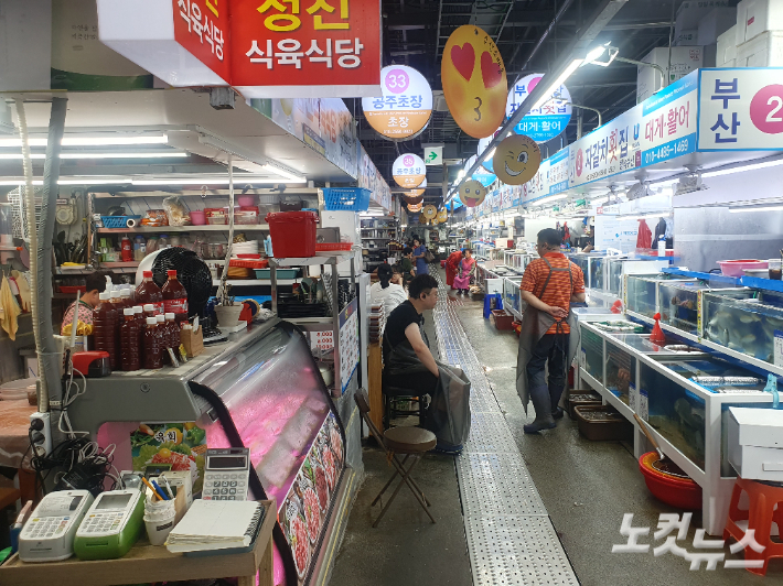 일본 후쿠시마 원전 오염수 방류가 시작된 24일 오후 울산농수산물도매시장 수산물소매동 모습. 이상록 기자