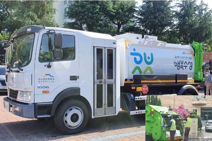 지난 2021년 5월 수성구가 대구 최초로 저상형 음식물 쓰레기 수거차인 한국형 청소차를 도입했다. 오른쪽 아래 사진은 보통의 청소차. 수성구청 제공