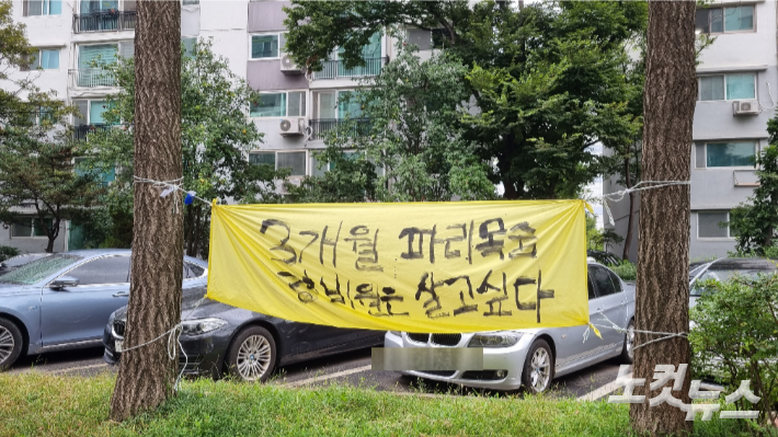 13일 오전 서울 강남구 대치동의 한 아파트 단지에 걸린 현수막. 양형욱 기자