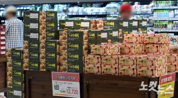 집중호우·태풍으로 과일류의 가격이 급등한 가운데 18일 오전 서울시내 한 대형마트에서 시민들이 추석을 앞두고 과일을 구매하고 있다. 황진환 기자