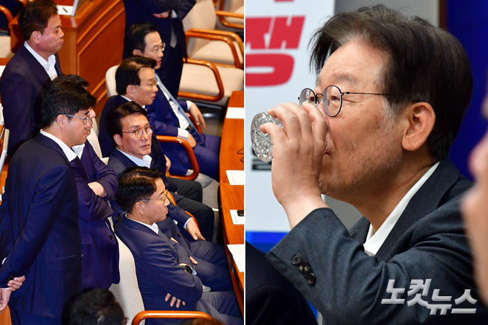 더불어민주당 의원들이 21일 오후 서울 여의도 국회에서 열린 제410회 국회(정기회) 제8차 본회의에서 '국회의원(이재명) 체포동의안'의 개표를 지켜보고 있다(왼쪽)·단식 중인 더불어민주당 이재명 대표. 윤창원 기자 