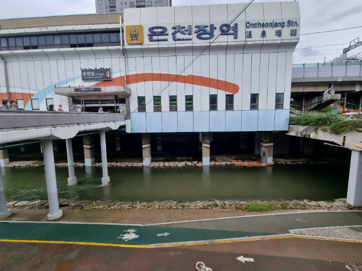 지난 20일 오후 실종 사고가 발생한 부산도시철도 1호선 온천장역 인근 온천천. 김혜민 기자 