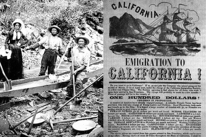 1850년 당시 캘리포니아 골드러시 당시 금 채굴을 하는 사람들. 오른쪽은 골드러시 기간 캘리포니아에 방문하는 사람들을 대상으로 제작된 전단지 광고. 위키미디어