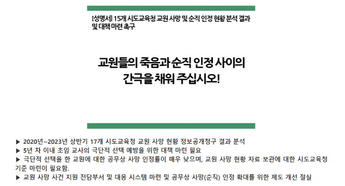 좋은교사운동은 교원 재해 보상과 순직 인정 관련 제도 개선과 대책 마련에 교육당국이 적극 나설 줄 것을 촉구했다.