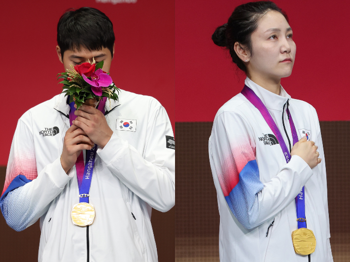 2관왕에 오른 오상욱과 최인정. 연합뉴스